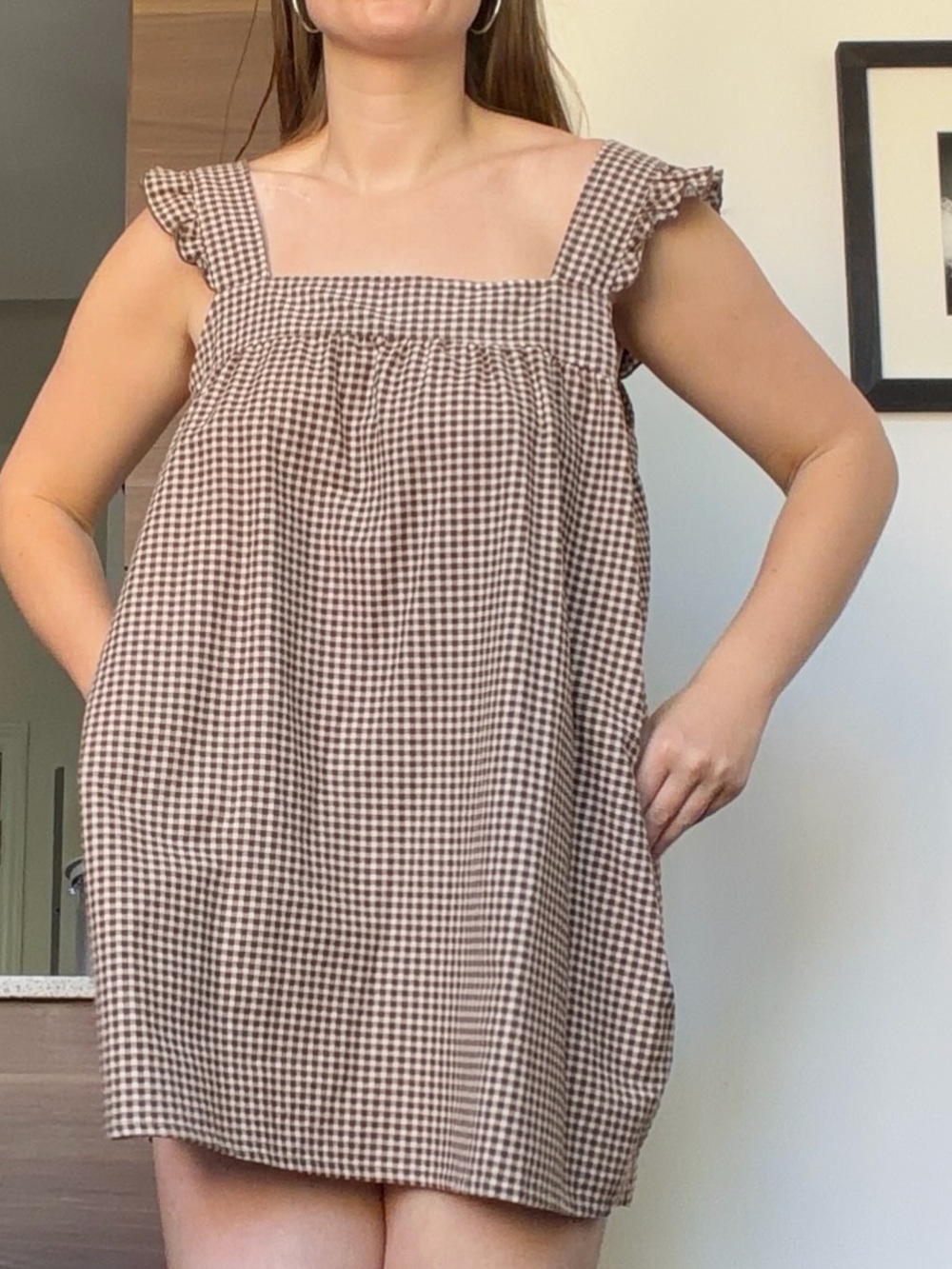 Motel Rocks Brown Gingham Ruffle Babydoll Dress